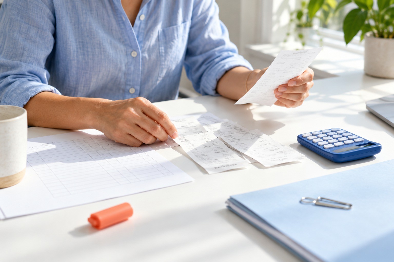 Hands reconciling expense receipts beside a blue calculator in bright daylight.
